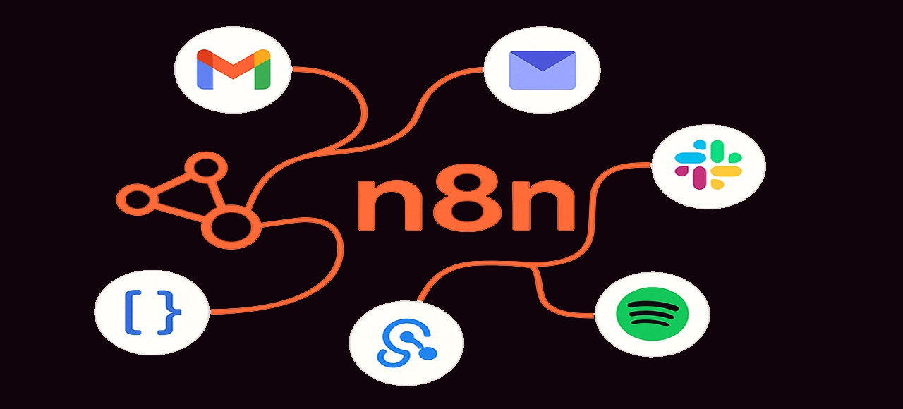 تصویر گرافیکی از لوگوی n8n و اتصال سرویس‌های مختلف